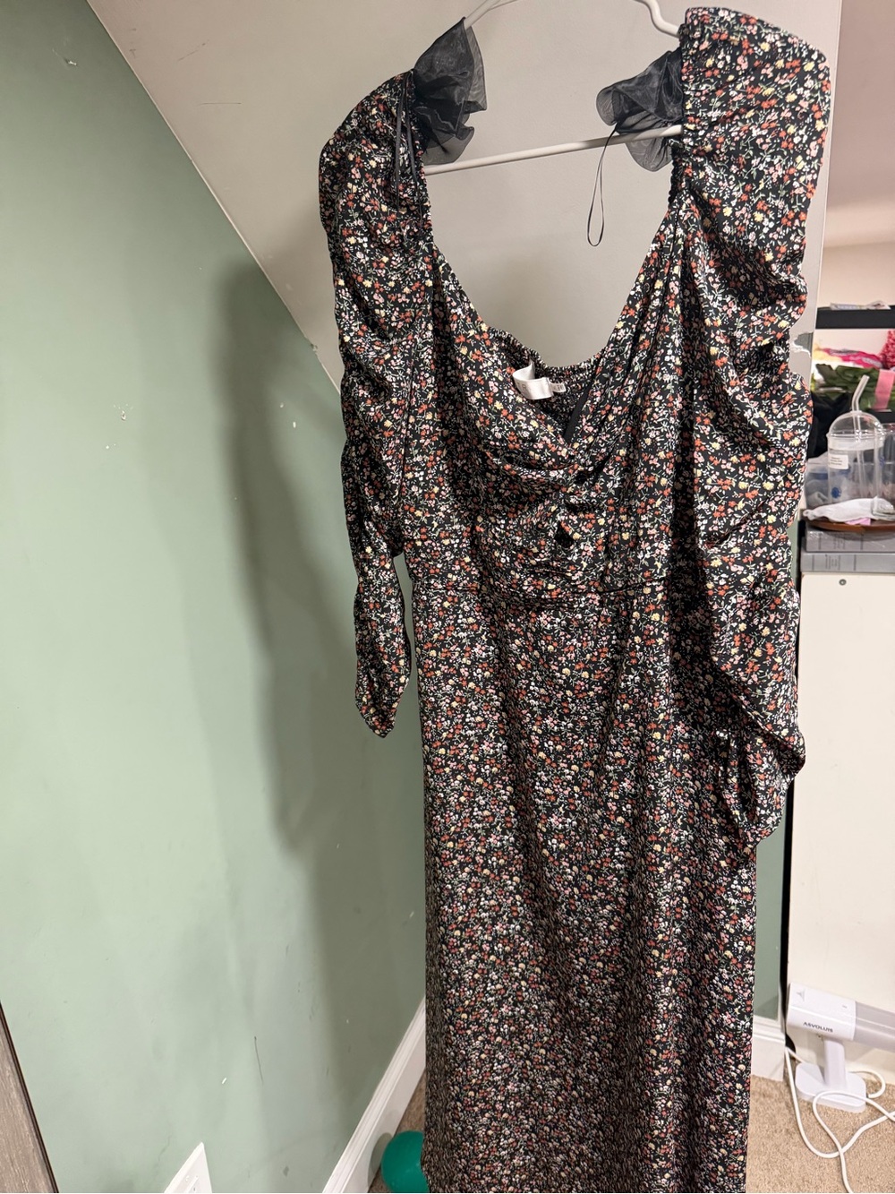 Astr Black Floral Midi Dress with Ruffled Straps